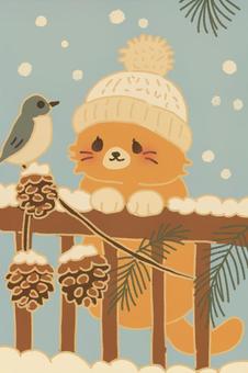 フェンスにいる冬猫 フェンスにいる冬猫 フェンス,柵,木製,冬,雪,積雪,自然,植物,松ぼっくり,ニット帽のイラスト素材