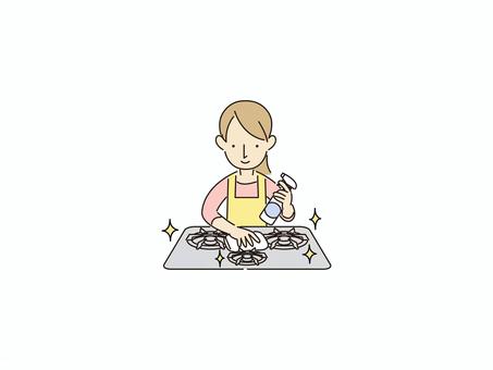 コンロ掃除する母 掃除,家事,日常,母親,コンロ,ほっこり,清潔,手仕事,家庭,掃除中のイラスト素材