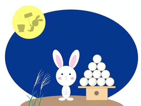 十五夜のお月見うさぎと月見団子イラスト お月見,十五夜,満月,団子,ススキ,風物詩,お供え物,伝統,夜空,うさぎのイラスト素材