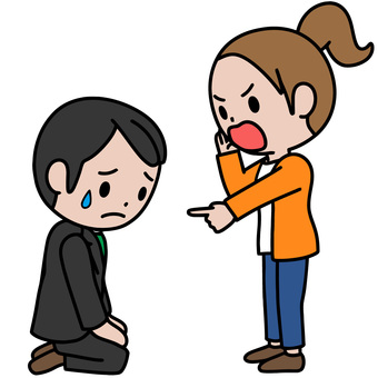 説教する人 説教,反省,怒り,謝罪,正座,指差し,困惑,苦悩,苦痛,夫婦のイラスト素材