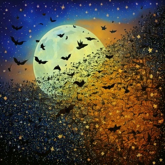 幻想的な満月と夜空に舞うコウモリ