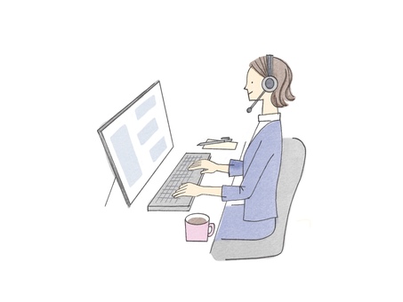 仕事 女性,インカム,デスクワーク,コンピュータ,データ入力のイラスト素材