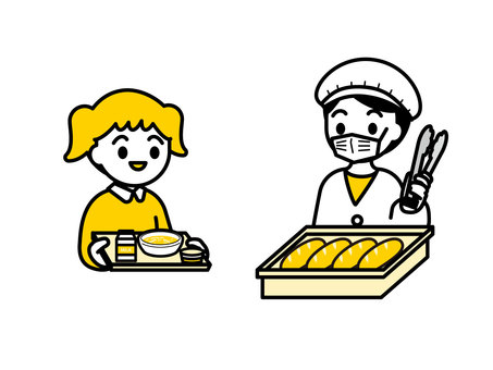 給食当番・給食を受け取る子ども02 人物,子ども,女の子,男の子,白衣,トング,マスク,パン,コッペパン,給食のイラスト素材