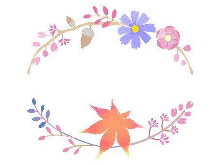 秋の飾り枠9＿秋の七草・ハギ 秋,七草,萩,ハギ,モミジ,紅葉,ドングリ,木の実,花,コスモスのイラスト素材