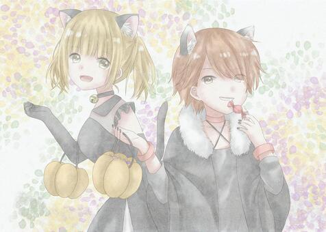 男の子・女の子 人物,男の子,女の子,キャラクター,猫耳,狼耳,ケモ耳,黒猫,ハロウィン,仮装のイラスト素材