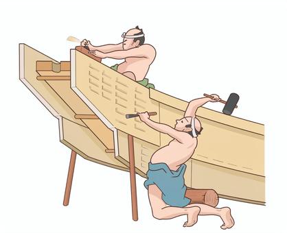 江戸時代　船大工　北齋 大工,舟,江戸時代,北齋,とんかち,かんな,男,職人のイラスト素材