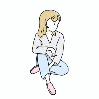 人物イラスト　座る女性 人物,女性,女,茶髪,ロングヘア,ｖネック,シンプル,清楚,ジーパン,カットイラストのイラスト素材