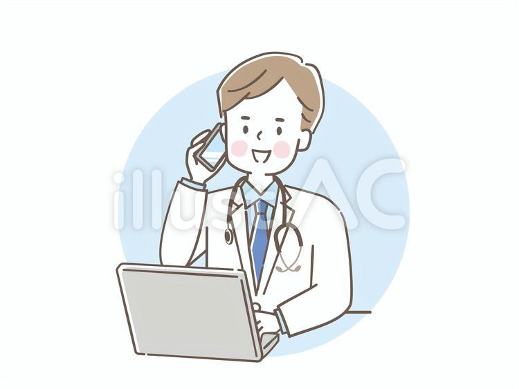 スマホで話しながらPC画面を見る男性医師 スマホ,パソコン,医師のイラスト素材