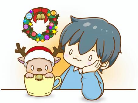 のんびりクリスマス クリスマス,男の子,マグカップ,トナカイ,動物,季節,のんびり,まったり,クリスマスリース,可愛いのイラスト素材