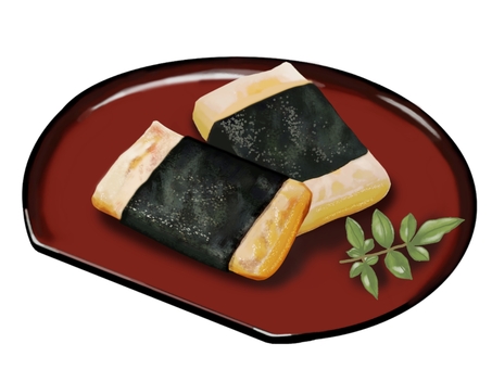 磯辺焼き26A-3 磯辺焼き,磯辺巻き,餅,磯辺餅,赤半月盆,正月,2個,食べ物,日本食,和食のイラスト素材