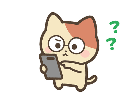 スマホを操作するねこ（メガネ）　はてな ねこ,スマホ,操作,触る,はてな,疑問,不安,悩み,携帯,スマートフォンのイラスト素材