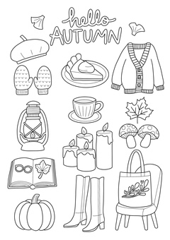 秋のアイテム塗り絵 塗り絵,趣味,色塗り,娯楽,季節,秋,カーディガン,きのこ,紅葉,ニットのイラスト素材