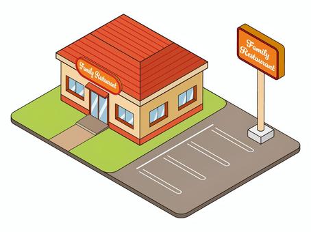 街並みシリーズ ファミレス ファミリーレストラン,ファミレス,駐車場,看板,建物,かわいい,デフォルメ,アイソメトリック,アイソメ,街並みのイラスト素材