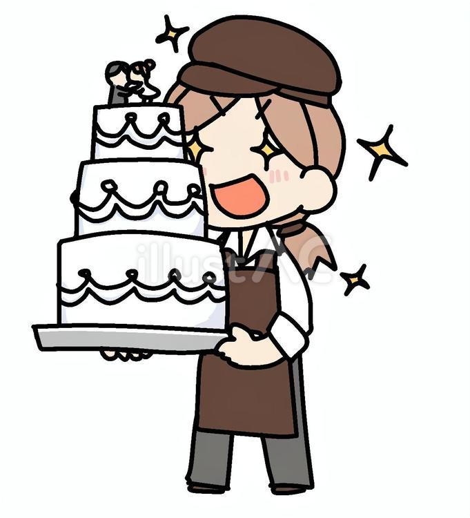 ケーキと目を輝かせる女性店員 女性,ウェディングケーキ,きらきらのイラスト素材