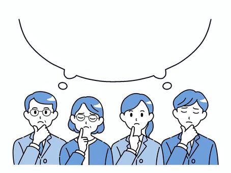 考える会社員　吹き出しフレーム　青色１ ビジネスマン,男女,考える,悩む,セット,吹き出し,フレーム,セリフ,人々,ポーズのイラスト素材
