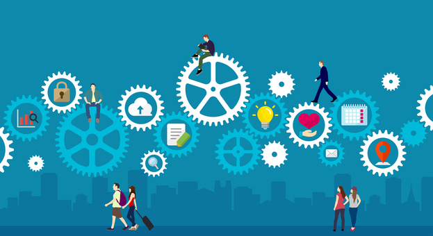 ギア・歯車と人々の日常 バナーイラスト 背景,ギア,ビジネス,人物,it,日常生活,歯車,人々,テクノロジー,バックグラウンドのイラスト素材