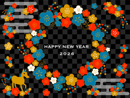 シックなお正月和柄イラストリース　午年紺 正月,元旦,新年,新春,年賀,午年,馬,干支,十二支,年賀状のイラスト素材