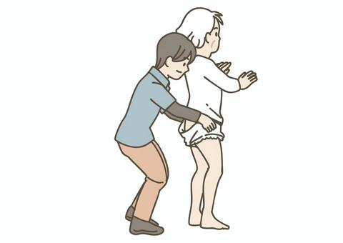 立位での高齢者へのおむつ装着介助 介護,介護士,介護福祉士,ヘルパー,介助,排泄,排泄介助,おむつ,オムツ,おむつ装着のイラスト素材