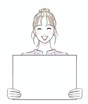 笑顔でボードを見せる女性 女性,メッセージ,ボード,お知らせ,笑顔,見せる,持つ,意見,主張,綺麗のイラスト素材