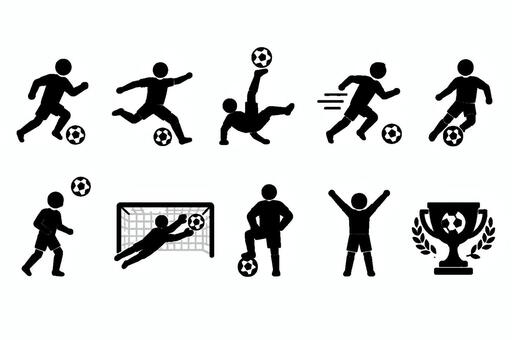 躍動感が伝わる！サッカーアイコン10種 サッカー,スポーツ,アイコン,ピクトグラム,シルエット,選手,ボール,シュート,ドリブル,キックのイラスト素材