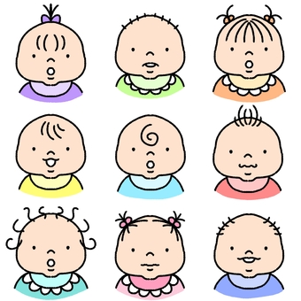 いろんな赤ちゃんセット 赤ちゃん,髪型,アイコン,女の子,男の子,顔,シンプル,かわいいのイラスト素材