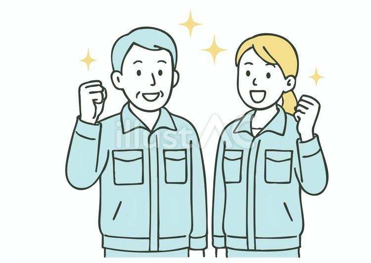 輝くシニアスタッフ！笑顔の作業着姿男女 シニア,作業着,笑顔のイラスト素材