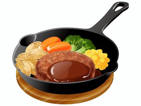 ハンバーグ(スキレット) ハンバーグ(スキレット) ハンバーグ,洋食,料理,食べ物,肉,ベイクドポテト,にんじん,コーン,ブロッコリー,デミグラスソースのイラスト素材