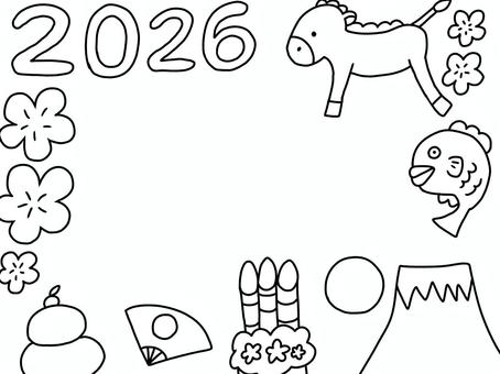 2026年午年フレーム塗り絵 午年,2026年,正月,元旦,1月,冬,イベント,行事,馬,かわいいのイラスト素材