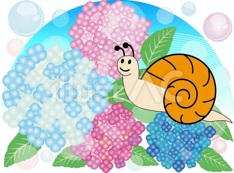かたつむりとアジサイ 季節の素材,バブル,花素材のイラスト素材