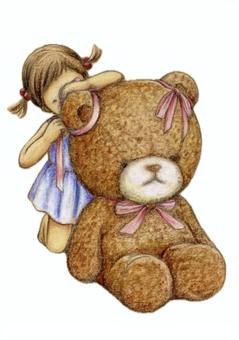 テディベアとリボン結ぶ女の子　 テディベア,少女,くま,ぬいぐるみ,子ども,素朴,色鉛筆,手描きのイラスト素材