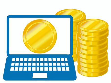 パソコンと無地のコイン コイン,パソコン,お金,たくさん,積み上げる,資産,投資,運用,金色,ゴールドのイラスト素材