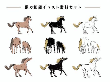 馬の和風イラスト素材 馬,和風,午,干支,午年,白馬,黒馬,ウマ,墨絵,縁起物のイラスト素材