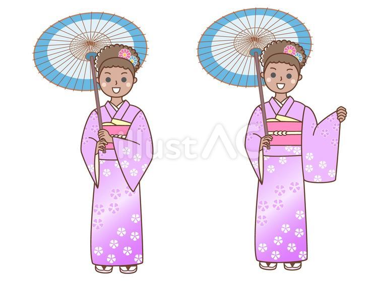 和傘と和服を楽しむ黒人女性 外国人観光客,観光客,訪日外国人のイラスト素材