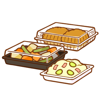 パック惣菜 食べ物,コロッケ,ポテトサラダ,筑前煮,煮物,惣菜,パック,スーパー,市販,出来合いのイラスト素材