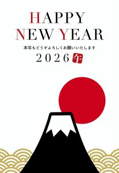 2026年午年の富士山年賀状/縦04 2026年,午年,令和八年,正月,富士山,年賀状,はがき,初日の出,背景,お正月のイラスト素材