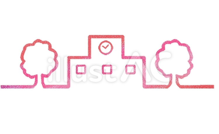 はるのがっこう 桜,校舎,飾り罫のイラスト素材