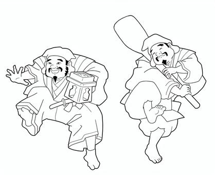 江戸時代　福の神かまどの神　線画 江戸時代,神さま,線画,福,かまど,しゃもじのイラスト素材