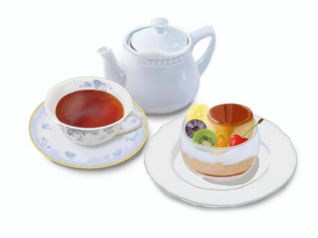 プリンと紅茶のセット プリン,紅茶,カフェ,手書き風,洋食,料理,洋菓子,デザート,甘い,喫茶のイラスト素材