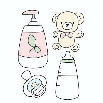 赤ちゃんのお世話グッズ 赤ちゃん,育児,ベビー,哺乳瓶,ミルク,ぬいぐるみ,おしゃぶり,保湿剤,クリーム,育児用品のイラスト素材
