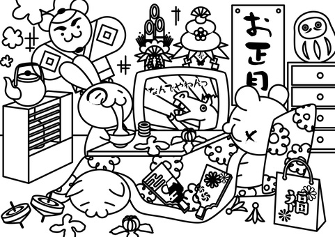 年末年始ぬりえ 正月,年末,年始,ぬりえ,色塗り,絵,遊び,モノクロ,モノトーン,だるまのイラスト素材