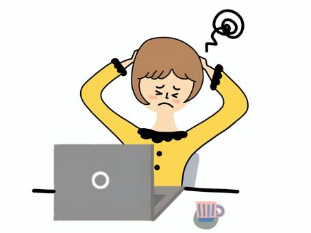 頭を抱える/女性/仕事中/パソコン 悩む,困る,失敗,ミス,トラブル,女性,パソコン,仕事,イライラ,もやもやのイラスト素材