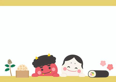 節分の鬼と豆とお多福と恵方巻05 節分,鬼,豆,背景,フレーム,恵方巻,節分豆,2月,冬,手描きのイラスト素材