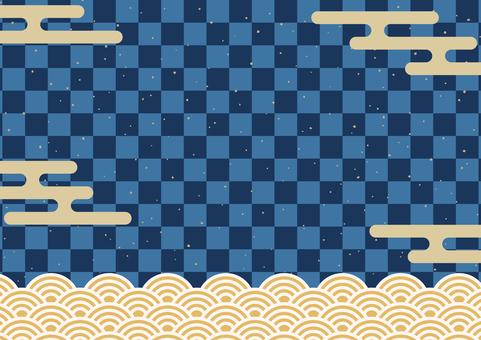 新春チラシ背景-9 背景,和柄,フレーム,青海波,雲,霞,金粉,霞文様,市松,青のイラスト素材