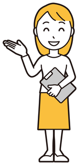  ロングヘア女性(黄)-159-全身 バインダー,女性,女の子,人物,かわいい,ファイル,手かざし,こちら,どうぞ,説明のイラスト素材