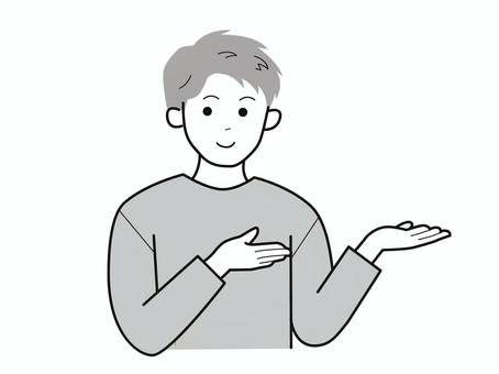 両手でどうぞとする男性2／白黒 上半身,長袖,両手,どうぞ,お勧め,男性,社会人,パパ,お父さん,学生のイラスト素材