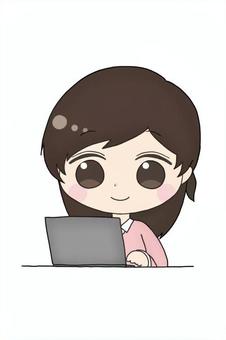 パソコンを使っている女性のイラスト 女性,主婦,学生,ネットサーフィン,テレワーク,インターネット,リモートワークのイラスト素材