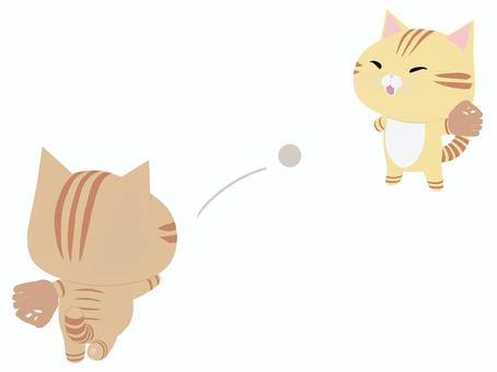 キャッチボールをする笑顔のちゃとら猫 キャッチボール,猫,ちゃとら,笑顔,動物,かわいい,野球,スポーツのイラスト素材