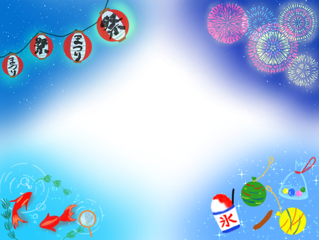 楽しい夏祭りのフレーム 夏祭り,花火,フレーム,ちょうちん,金魚,夜空,灯り,ヨーヨー,スーパーボール,チョコバナナのイラスト素材