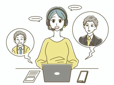 ヘッドセットで人と通話している女性 女性,シンプル,30代,20代,かわいい,上半身,女,短髪,ショートカット,在宅のイラスト素材