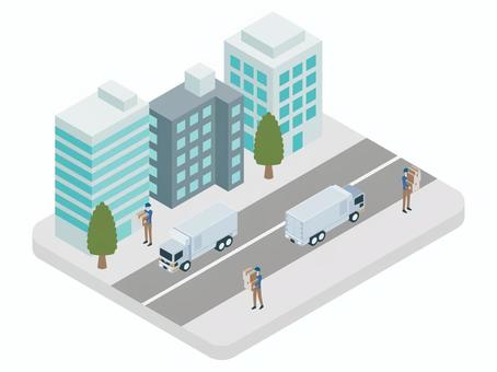 アイソメトリック_運送業 アイソメトリック_運送業 アイソメトリック,立体,アイソメ,斜め上,街並み,オフィス街,配達員,配送,都市,ビジネス街のイラスト素材